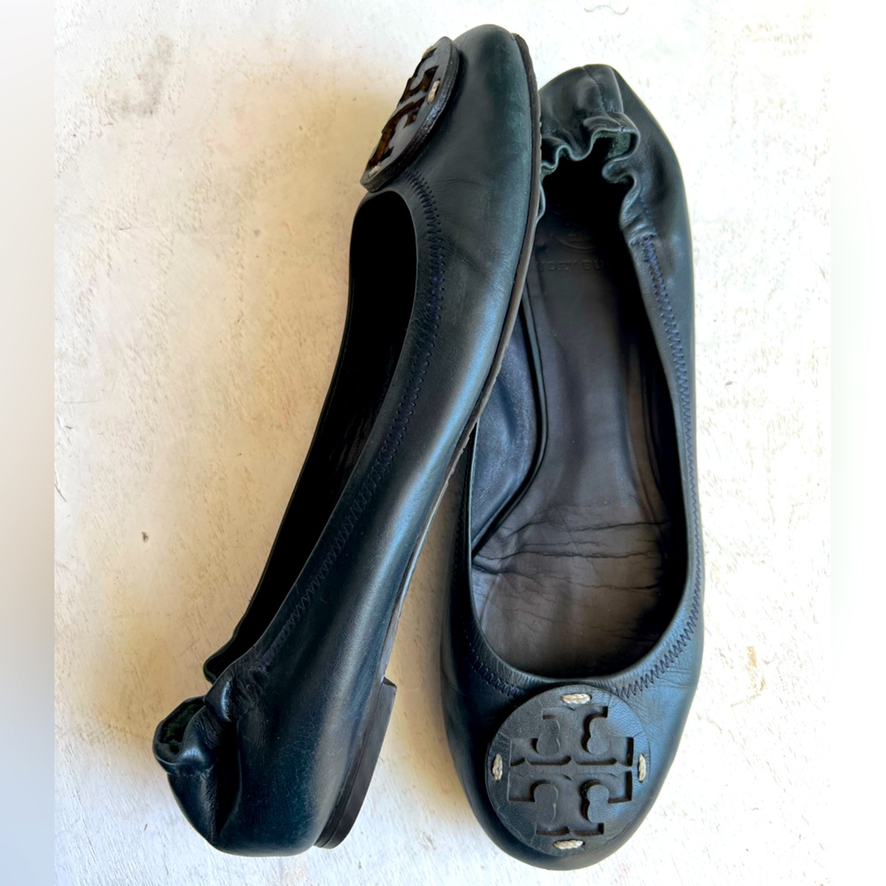 Tory Burch navy leather logo ballerina flats